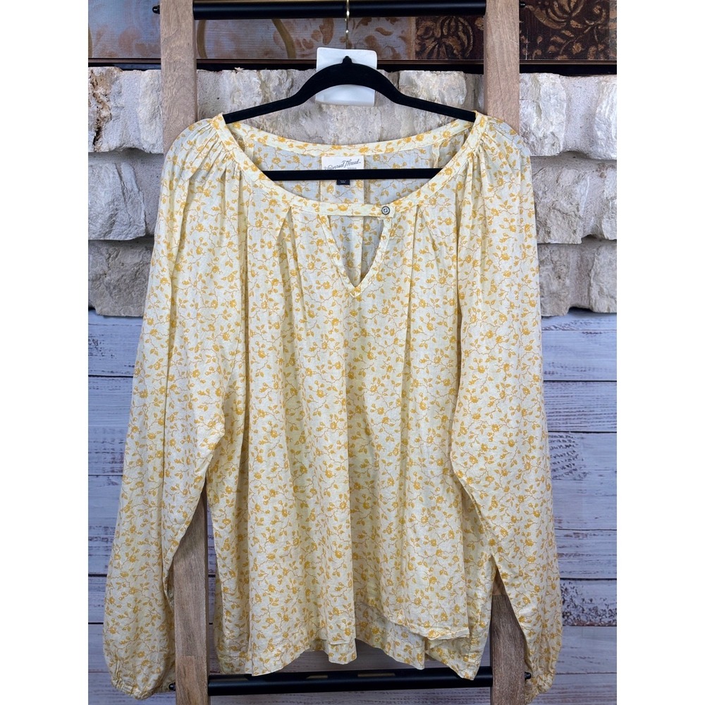 Universal Thread Womens XXL Yellow Floral Cotton Keyhole Long Sleeve Blouse Top